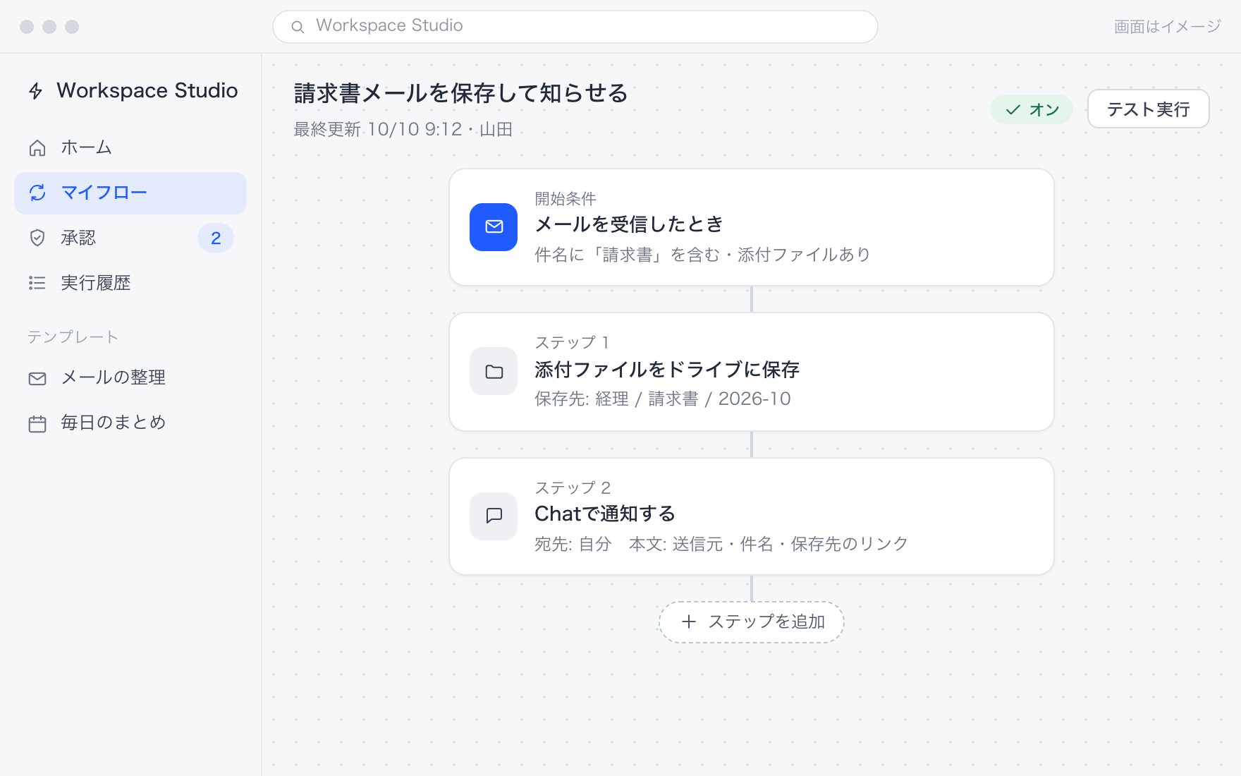 Workspace Studioのフロー編集画面のイメージ。請求書のメールを受信したら、添付をドライブに保存し、Chatで知らせる3つのステップが縦に並んでいる