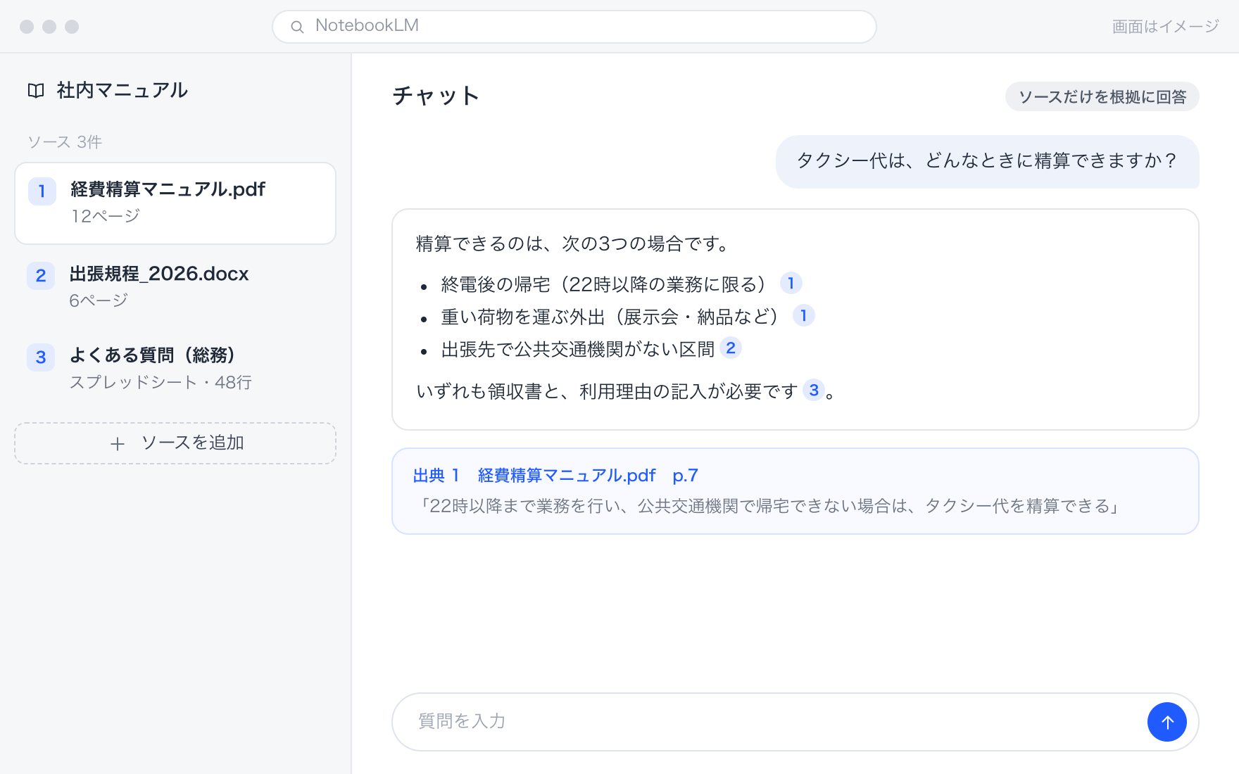 左に資料3つ、右に出典番号つきの回答が出ているノートの画面のイメージ