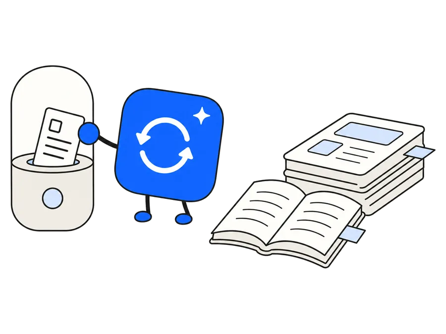 第4回: 毎回同じ指示を書かずに済む、自分専用のAI。指示のカードをカプセルに入れ、隣で資料のノートから出典の付箋が出ている絵