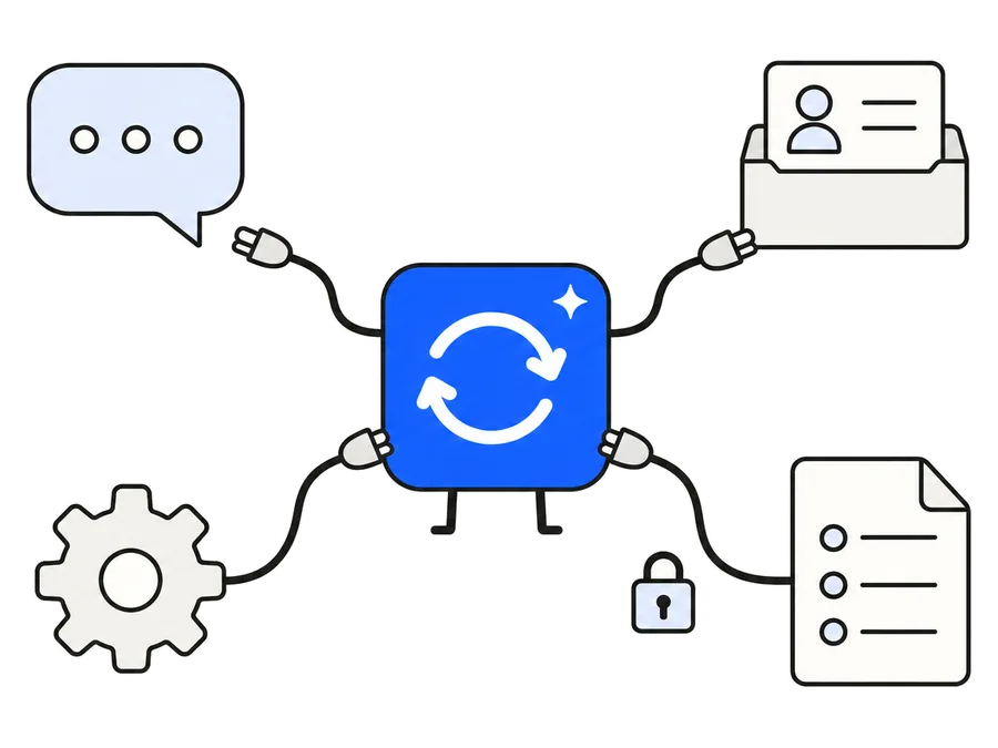 第8回: Slackや顧客管理とつないで、社外の道具にも流す。マスコットからケーブルが伸び、チャット・名刺の箱・歯車・フォームにつながる絵