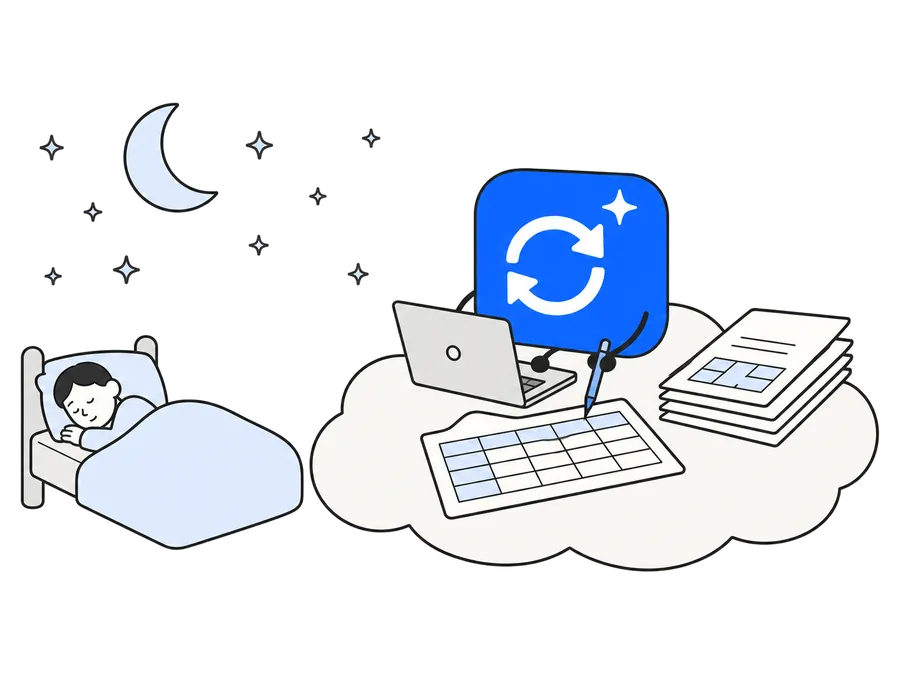 第9回: 頼んでおけば、PCを閉じていても進む。人が寝ている夜に、雲の上のマスコットが表を埋めて書類を整理する絵